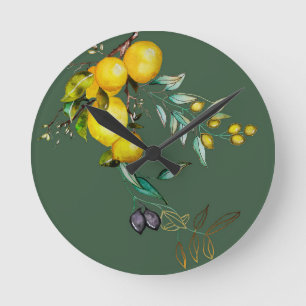 Lemon and Olive Watercolour Wall Clock