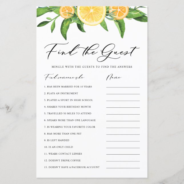 Lemon and Orange Find the Guest Bridal Shower Game (Front)