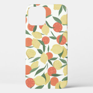 Lemon and orange fruits with leaves on white backg iPhone 12 case
