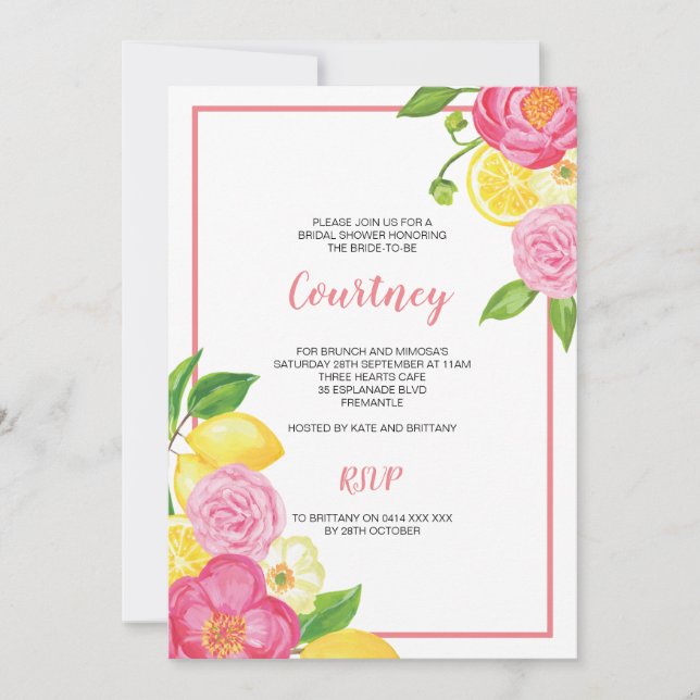 Lemon and Pink Floral Bridal Shower Party Invitation (Front)