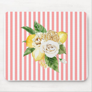 Lemon and roses on coral stripes mouse pad