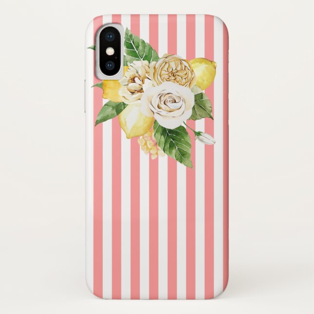 Lemon and roses on pink stripes iPhone / iPad case (Back)
