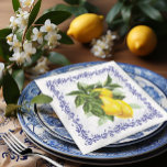 Lemon and Toile Filigree European Elegance Napkin<br><div class="desc">A white dinner napkin adorned with luscious lemons and green leaves, framed by a delicate blue toile filigree border, brings a captivating touch of elegance, European flair, and freshness to any dining occasion, from luncheons to garden parties or showers. Its vibrant design symbolises vitality and zest, while the intricate filigree...</div>