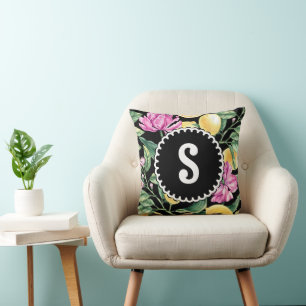 Lemon and Tulips Floral Pattern Citrus Monogram Cushion