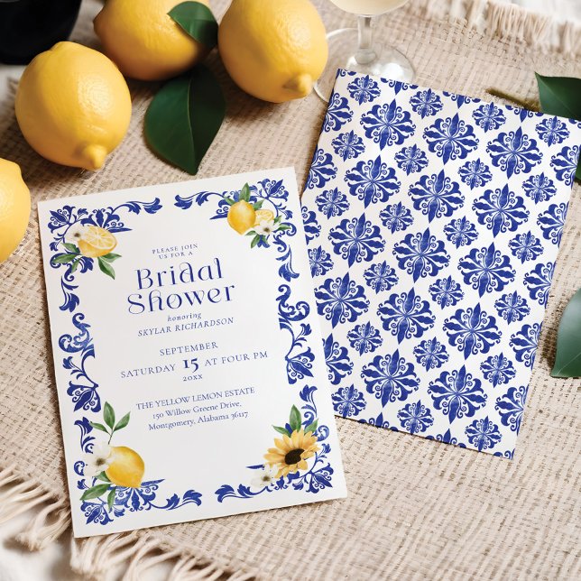 Lemon & Antique Blue Pottery Pattern Bridal Shower Invitation (Lemon & Antique Blue Pottery Pattern Bridal Shower Invitation)