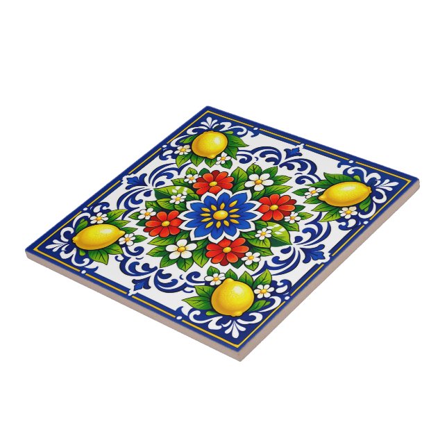 🍋 Lemon Azul Bloom — Mediterranean Azulejo Ceramic Tile (Side)