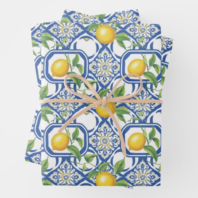 Lemon Azulejo Tiles Pattern Wrapping Paper Sheet (In situ)