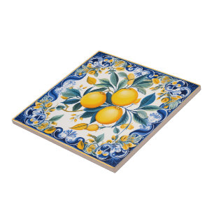 🍋 Lemon Azulejo with blue elements Ceramic Tile