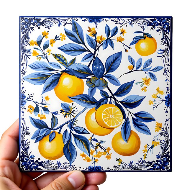 🍋 Lemon Azulejo with blue elements Ceramic Tile (🍋 Lemon Azulejo with blue elements Ceramic Tile)