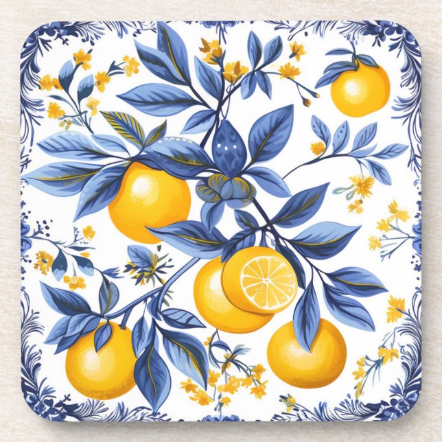🍋 Lemon Azulejo with blue elements Coaster (Front)