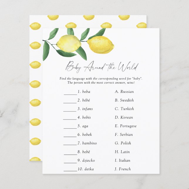 Lemon - Baby around the world Baby Shower Game (Front/Back)