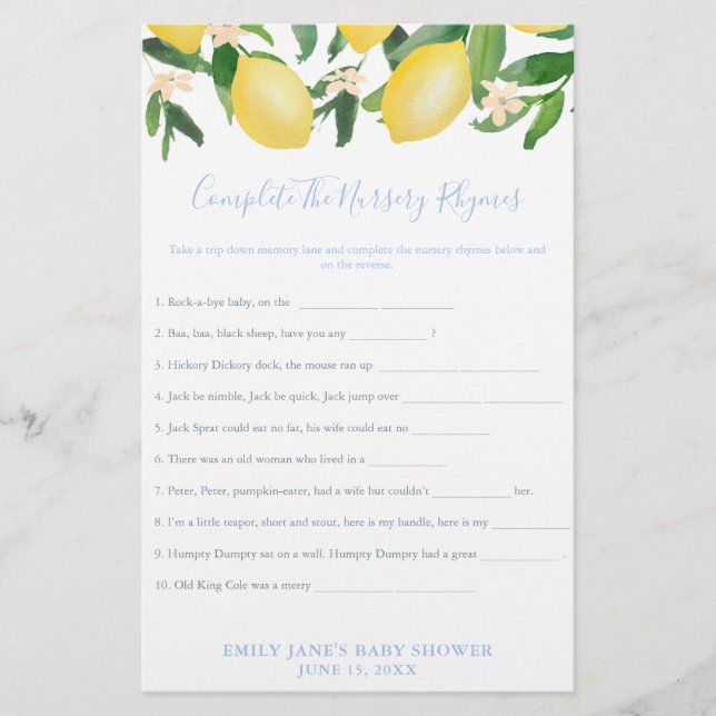 Lemon Baby Shower Classic Nursery Rhymes Game Card (Front)