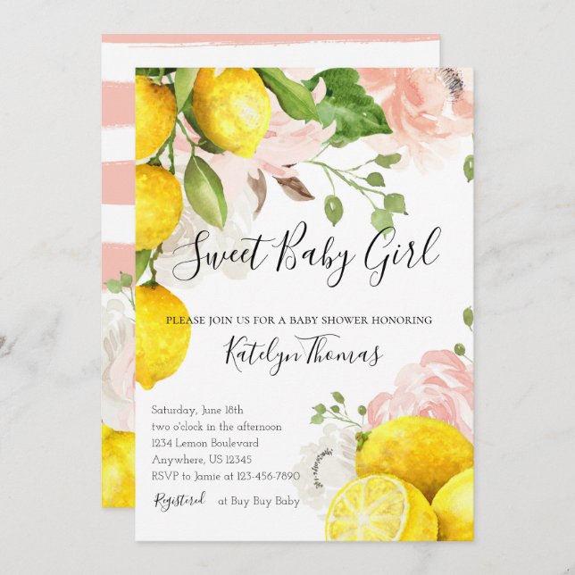 Lemon Baby Shower Invitation for Baby Girl (Front/Back)
