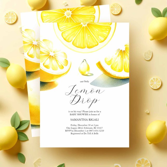 Lemon Baby Shower Invitations Lemondrop Theme (Lemon baby shower invitations feature watercolor citrus with a lemon drop by Victoria Grigaliunas)