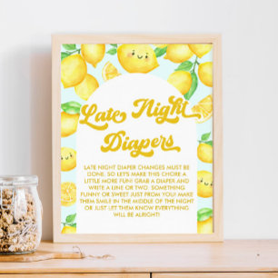 Lemon Baby Shower Late Night Diapers Party Game Poster