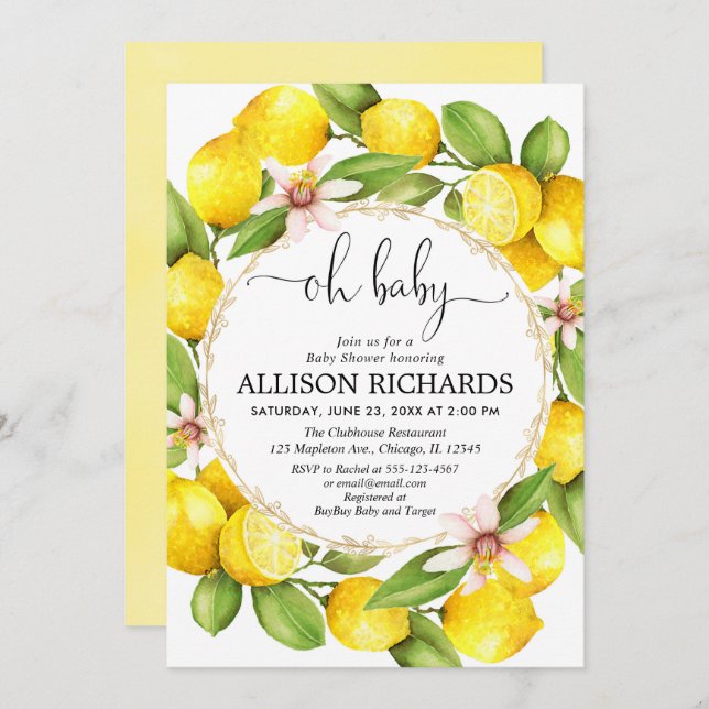 Lemon baby shower, lemons greenery watercolor invitation (Front/Back)