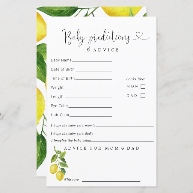 Lemon Baby Shower Predictions Advice (Front/Back)