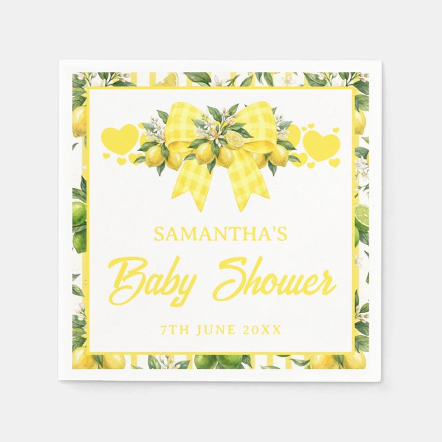Lemon Baby Shower Yellow Gingham Bow Napkin (Front)