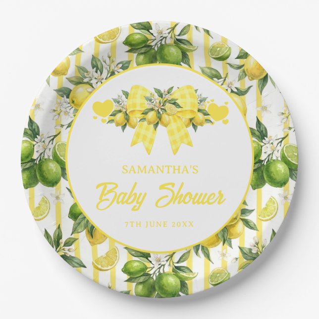 Lemon Baby Shower Yellow Gingham Bow Paper Plate (Front)