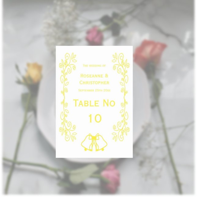Lemon Bells Scrollwork Design Wedding Table Number (Yellow wedding table number bells and scrollwork design)