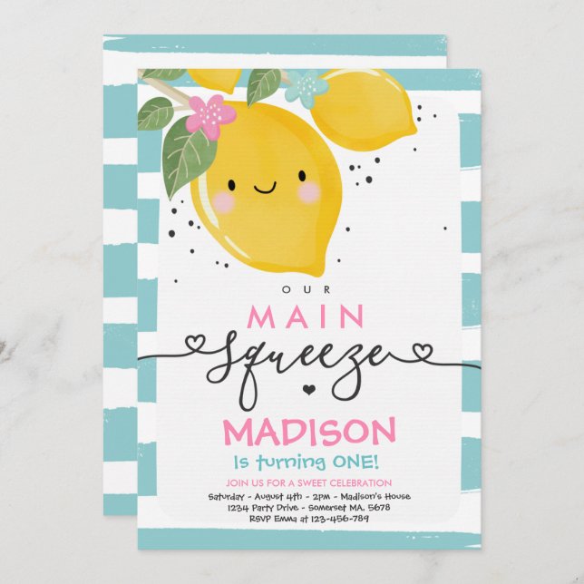 Lemon Birthday Invitation Our Main Squeeze Party (Front/Back)