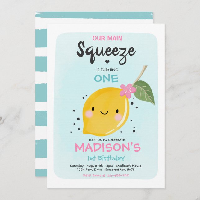 Lemon Birthday Invitation Our Main Squeeze Party (Front/Back)
