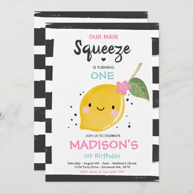 Lemon Birthday Invitation Our Main Squeeze Party (Front/Back)