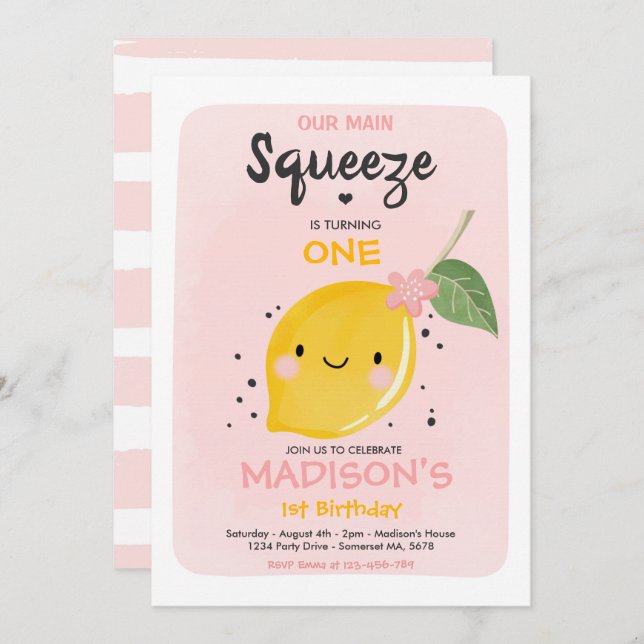 Lemon Birthday Invitation Our Main Squeeze Party (Front/Back)