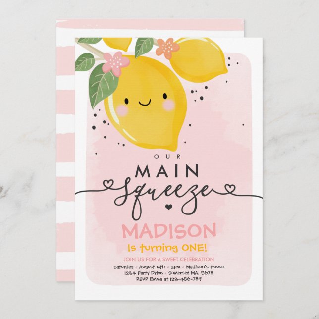 Lemon Birthday Invitation Our Main Squeeze Party (Front/Back)