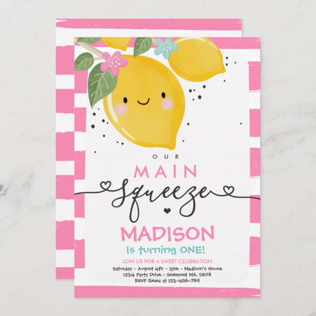 Lemon Birthday Invitation Our Main Squeeze Party (Front/Back)