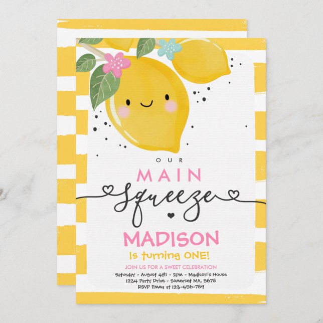 Lemon Birthday Invitation Our Main Squeeze Party (Front/Back)