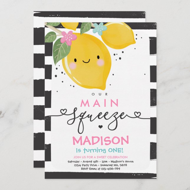 Lemon Birthday Invitation Our Main Squeeze Party (Front/Back)