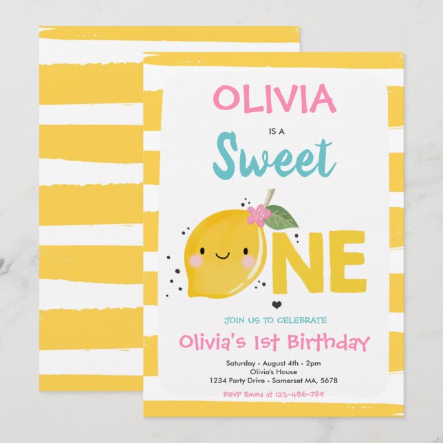 Lemon Birthday Invitation Sweet One 1st Birthday (Front/Back)