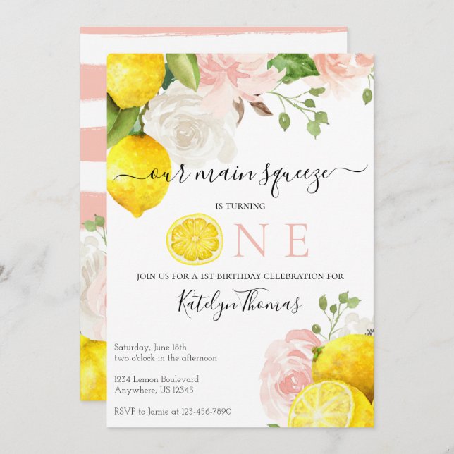 Lemon Birthday Invitation with Pink Flowers (Front/Back)