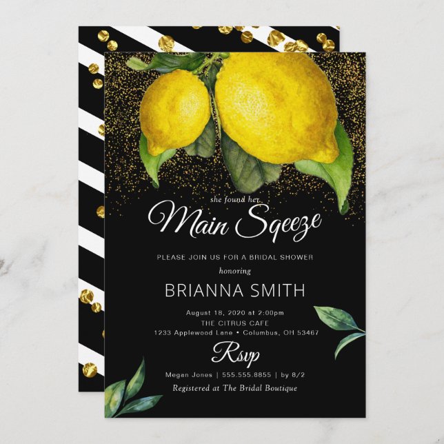 Lemon Black Squeeze Modern Bridal Shower  Invitation (Front/Back)