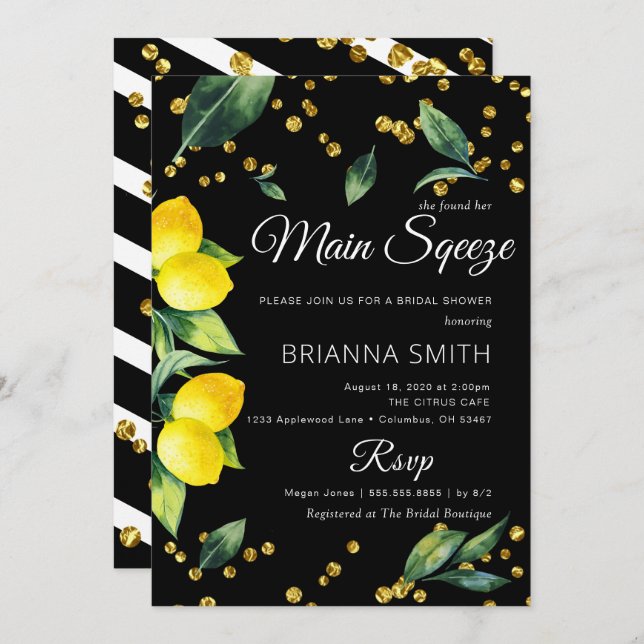 Lemon Black Theme Elegant Bridal Shower Invitation (Front/Back)