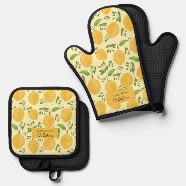 Lemon Bloom Collection Yellow pattern Oven Mitt & Pot Holder Set (Front/Back)