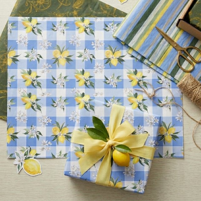 Lemon Blossom Blue Gingham Tissue Paper (Creator Uploaded)