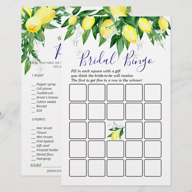 Lemon Blossom Double-Sided Bridal Shower Game (Front/Back)