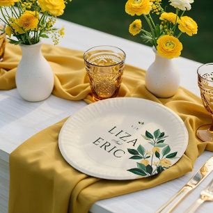 Lemon Blossom Floral Tree Elegant Yellow Wedding Paper Plate