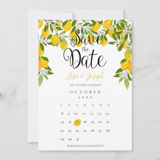 Lemon Blossom Greenery Save the Date Calendar Invitation (Front)