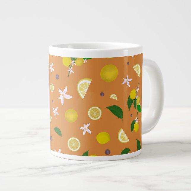 Lemon & Blossoms on Orange Large Coffee Mug (Front Right)