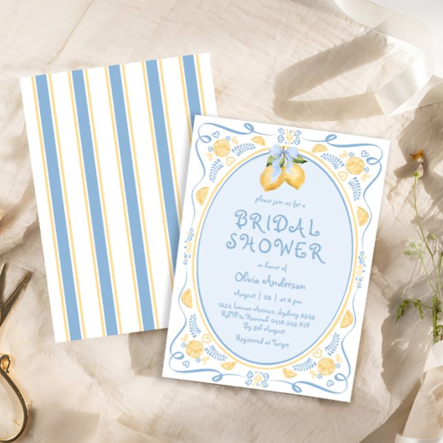 Lemon Blue Bow Whimsical Bridal Shower Invitation (Creator Uploaded)