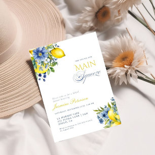 Lemon Blue Floral Citrus Bridal Shower Invitation