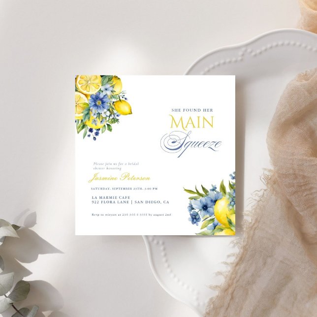 Lemon Blue Floral Citrus Bridal Shower Invitation (Creator Uploaded)