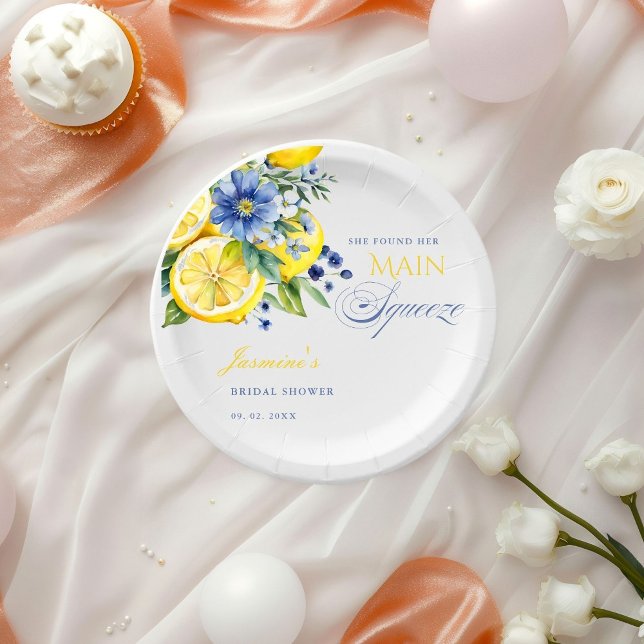 Lemon Blue Floral Citrus Bridal Shower Paper Plate (Creator Uploaded)
