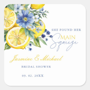 Lemon Blue Floral Citrus Engagement Party Square Sticker