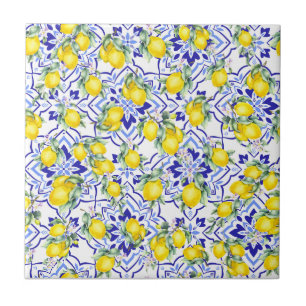 Lemon Blue French Country Watercolor Ceramic Tile