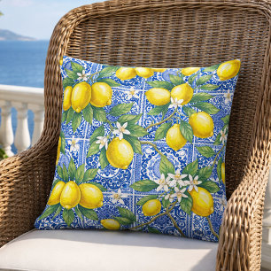 Lemon Blue French Country Watercolor Tile Cushion