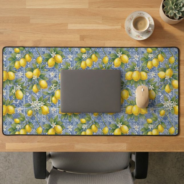 Lemon Blue French Country Watercolor Tile Desk Mat (Creator Uploaded)